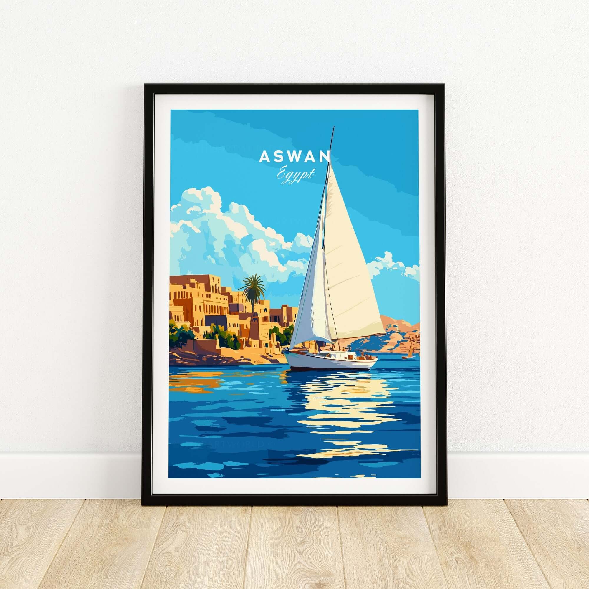 Aswan Print Egypt featuring a vibrant sailboat scene and ancient architecture in stunning colors.