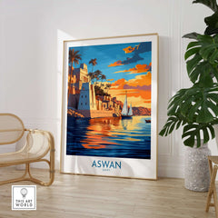 Aswan Travel Poster showcasing vibrant colors and serene waters of Aswan, Egypt, perfect for home decor.