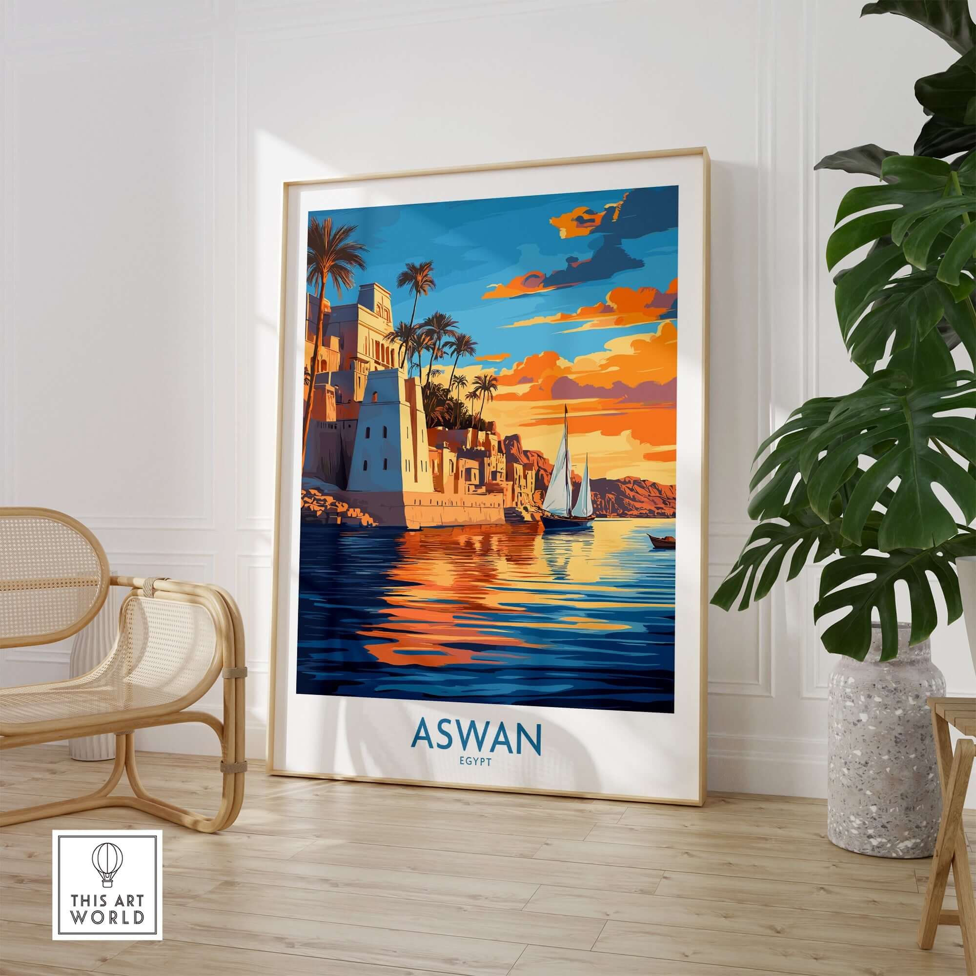 Aswan Travel Poster showcasing vibrant colors and serene waters of Aswan, Egypt, perfect for home decor.