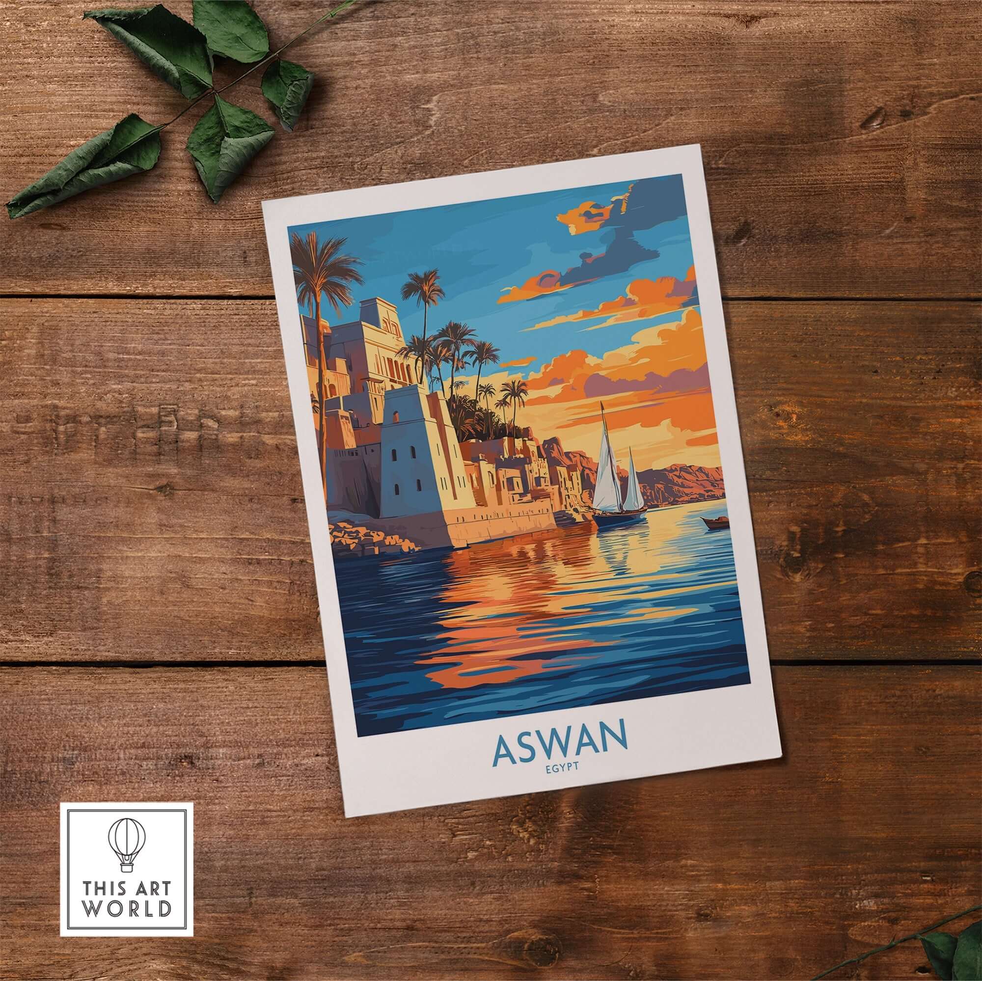 Aswan Travel Poster depicting the vibrant scenery and culture of Aswan, Egypt with stunning colors and reflections.