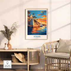 Aswan Travel Poster featuring vibrant colors capturing the essence of Aswan, Egypt in a stylish living room setting.