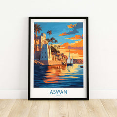 Aswan Travel Poster featuring vibrant colors of Aswan, Egypt, capturing the beauty of the Nile and ancient architecture.