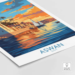 Aswan Travel Poster showcasing the vibrant sunset over the Nile with traditional feluccas in Aswan, Egypt.