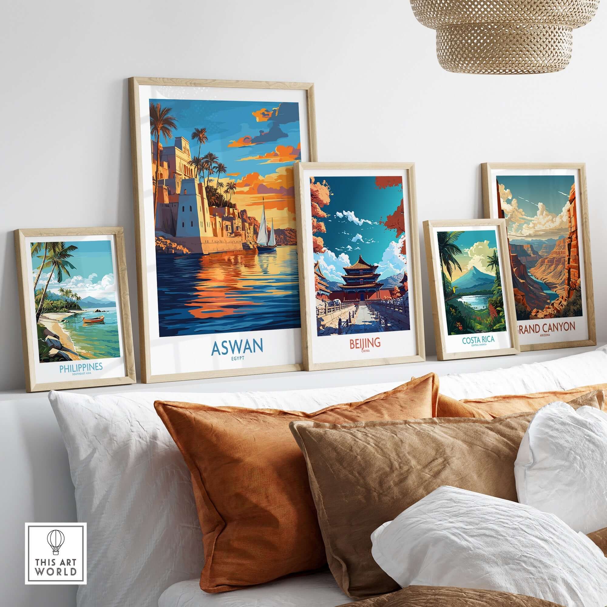 Aswan Travel Poster showcased among other travel prints on a stylish wall, emphasizing vibrant culture and dreamy landscapes.