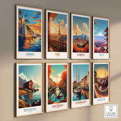 Aswan Travel Poster featuring a vibrant depiction of the city, part of a collection of travel posters.