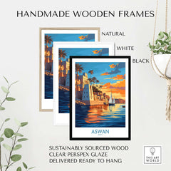 Aswan Travel Poster framed in handmade wooden frames in natural, white, and black finishes.