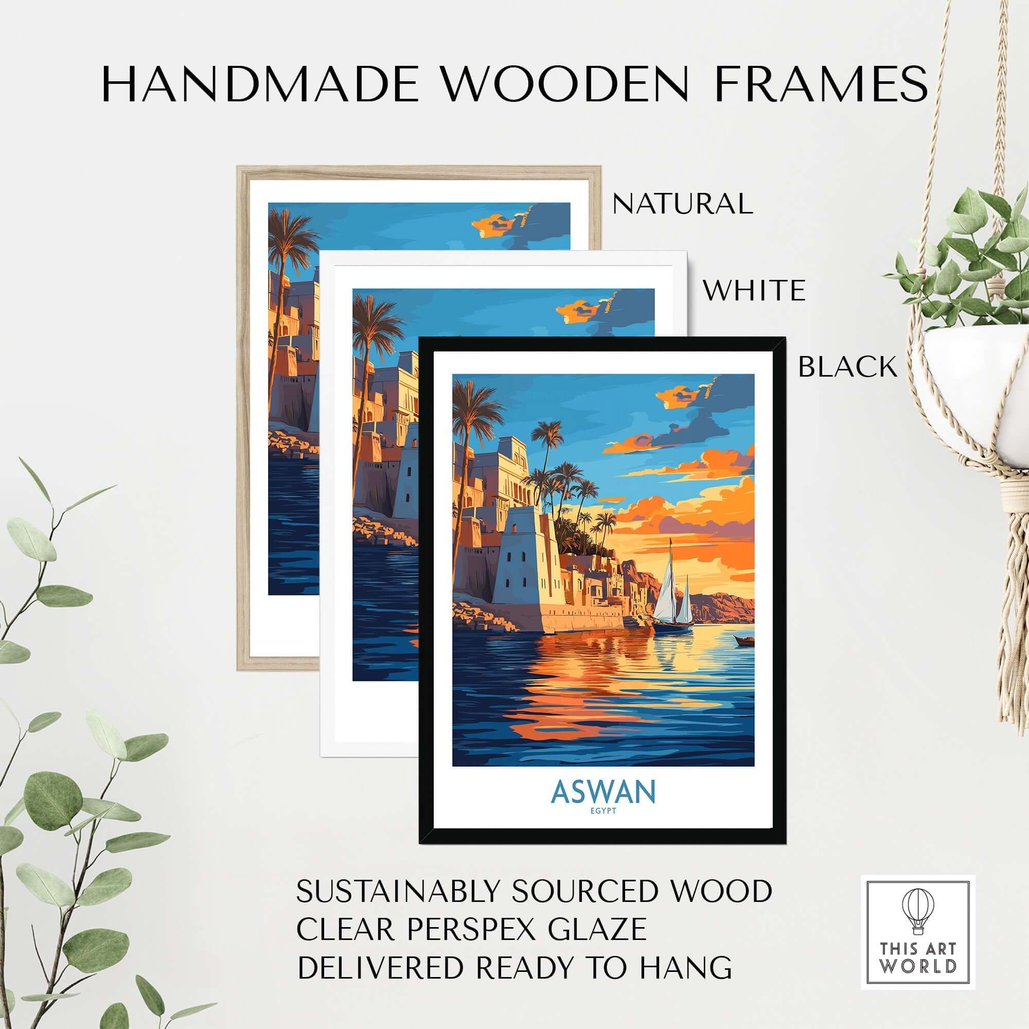 Aswan Travel Poster framed in handmade wooden frames in natural, white, and black finishes.