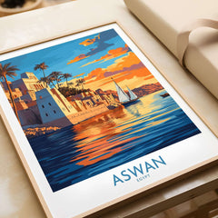 Aswan Travel Poster featuring vibrant colors of Aswan, Egypt with sailboat and sunset reflection on water.