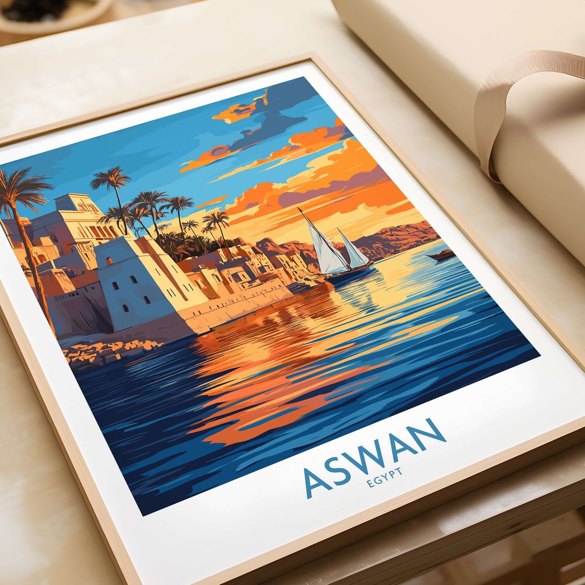 Aswan Travel Poster featuring vibrant colors of Aswan, Egypt with sailboat and sunset reflection on water.