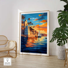 Aswan Travel Print showcasing the vibrant beauty of Aswan, Egypt with colorful skyline and waterside scenery.