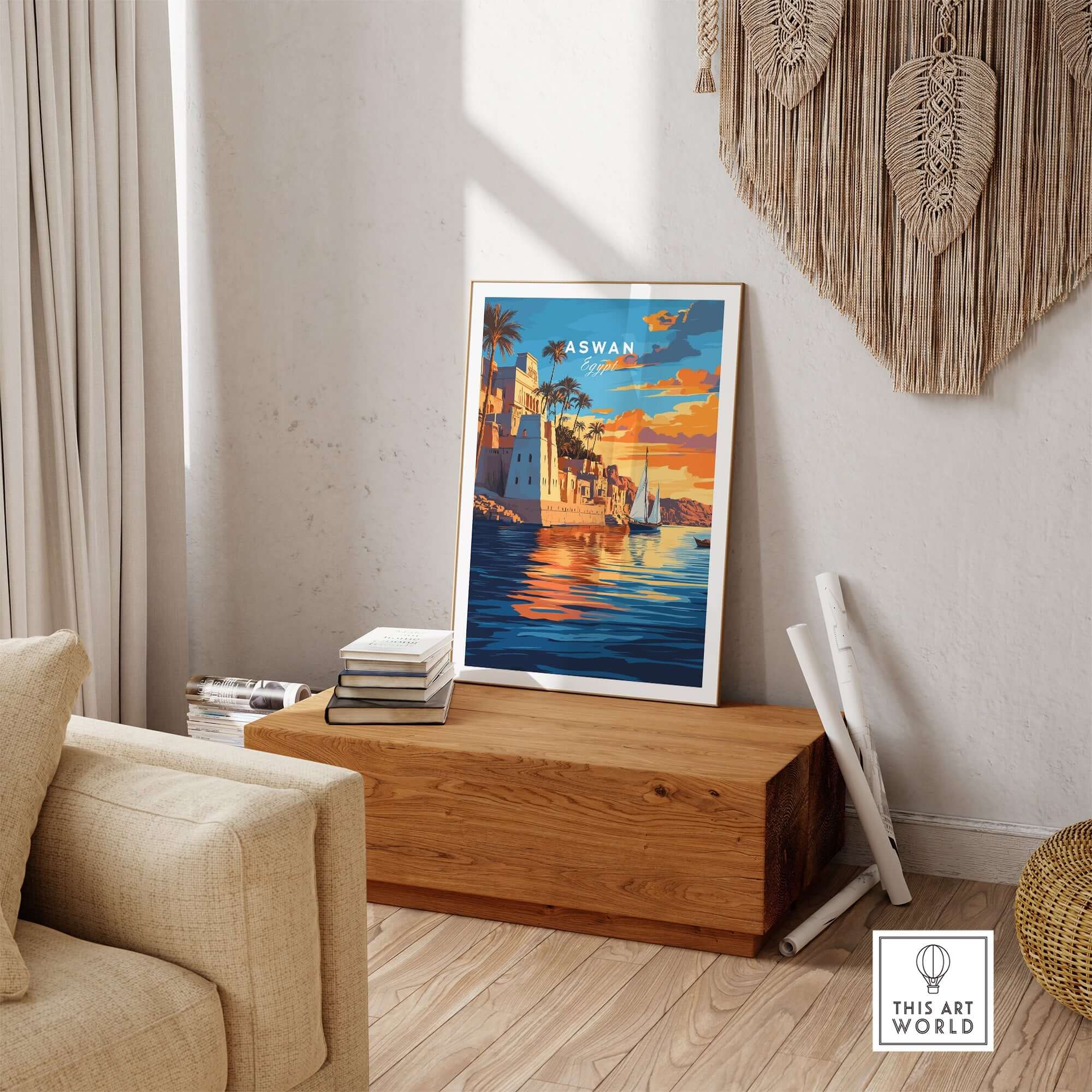 Aswan Travel Print featuring colorful scenery of Aswan, Egypt, enhancing home decor with adventure and culture.