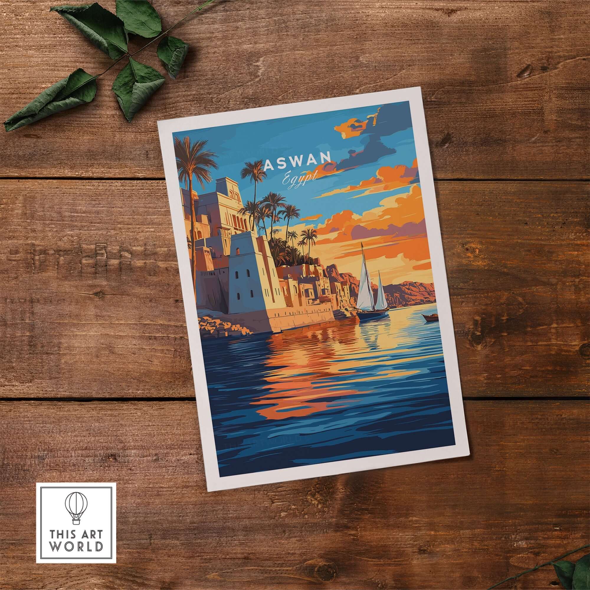 Aswan Travel Print showcasing vibrant sunset views of Aswan, Egypt, with boats on the water and palm trees.