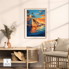 Aswan Travel Print showcasing the vibrant beauty of Aswan, Egypt, in a stylish interior setting.
