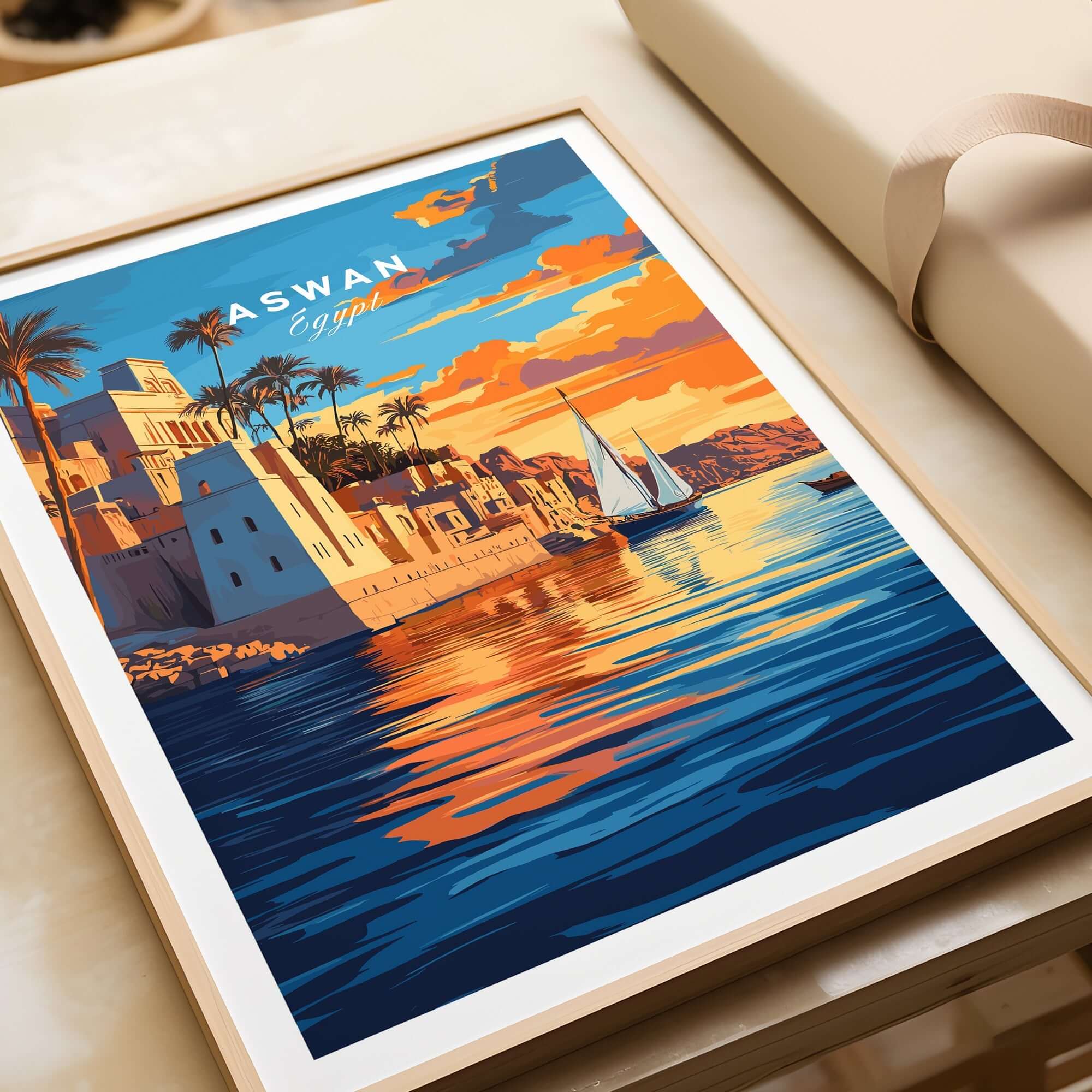 Aswan Travel Print showcasing the vibrant colors and beauty of Aswan, Egypt, with reflections on the water.