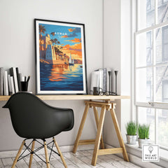 Aswan Travel Print displayed in a stylish home office, capturing the vibrant beauty of Aswan, Egypt.