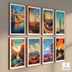 Aswan Travel Print and other destination posters displayed in stylish frames on a wall.