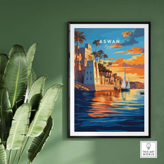 Aswan Travel Print showcasing the vibrant sunset and iconic architecture of Aswan, Egypt on a stylish wall.