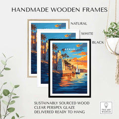 Aswan Travel Print displayed in handmade wooden frames in natural, white, and black options, ready to hang.