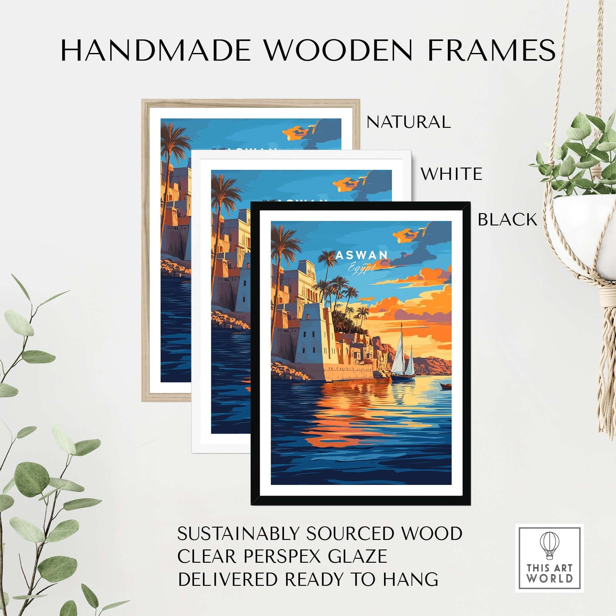 Aswan Travel Print displayed in handmade wooden frames in natural, white, and black options, ready to hang.