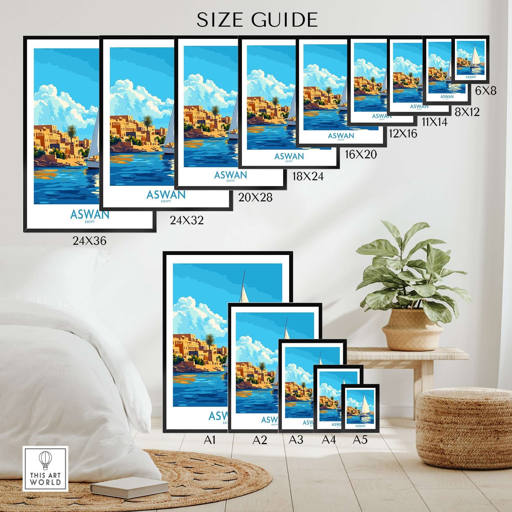 Aswan Wall Art Print size guide showcasing various print dimensions and home decor options.