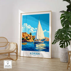 Aswan Wall Art Print featuring a sailboat on the Nile, vibrant colors, and cultural elegance in home decor.