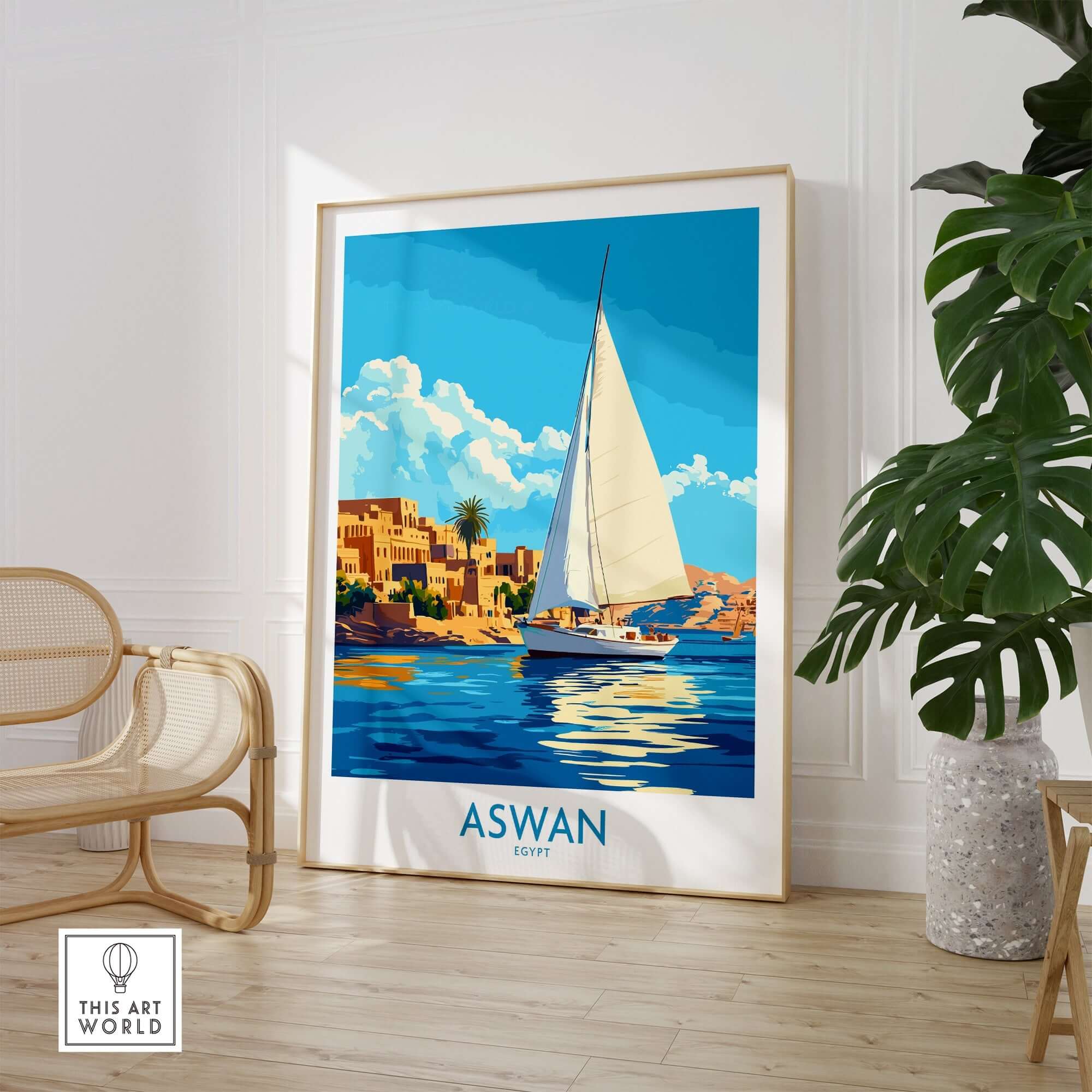 Aswan Wall Art Print featuring a sailboat on the Nile, vibrant colors, and cultural elegance in home decor.