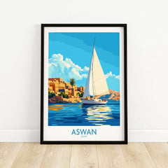 Aswan Wall Art Print showcasing a vibrant depiction of a sailboat on the Nile in Aswan, Egypt.