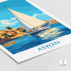 Aswan Wall Art Print featuring a sailboat on the Nile River, vibrant colors and Egyptian scenery.