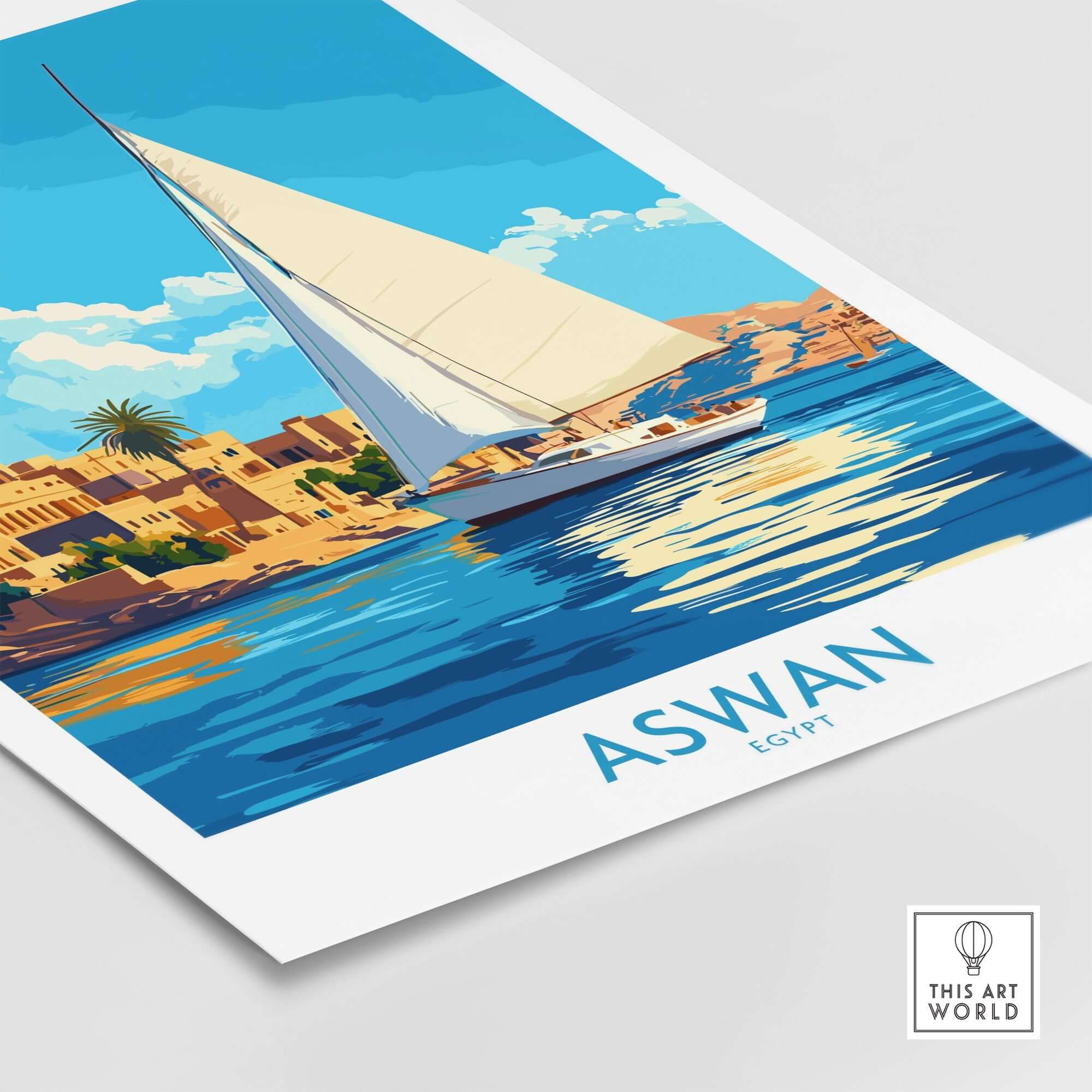 Aswan Wall Art Print featuring a sailboat on the Nile River, vibrant colors and Egyptian scenery.