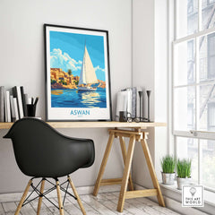 Aswan Wall Art Print displayed in a well-lit workspace, showcasing vibrant colors and cultural elegance.