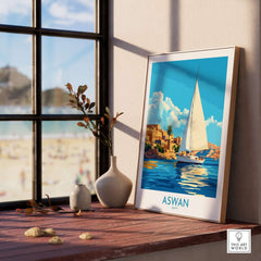 Aswan Wall Art Print displayed indoors, showcasing vibrant colors and intricate details of Aswan, Egypt.