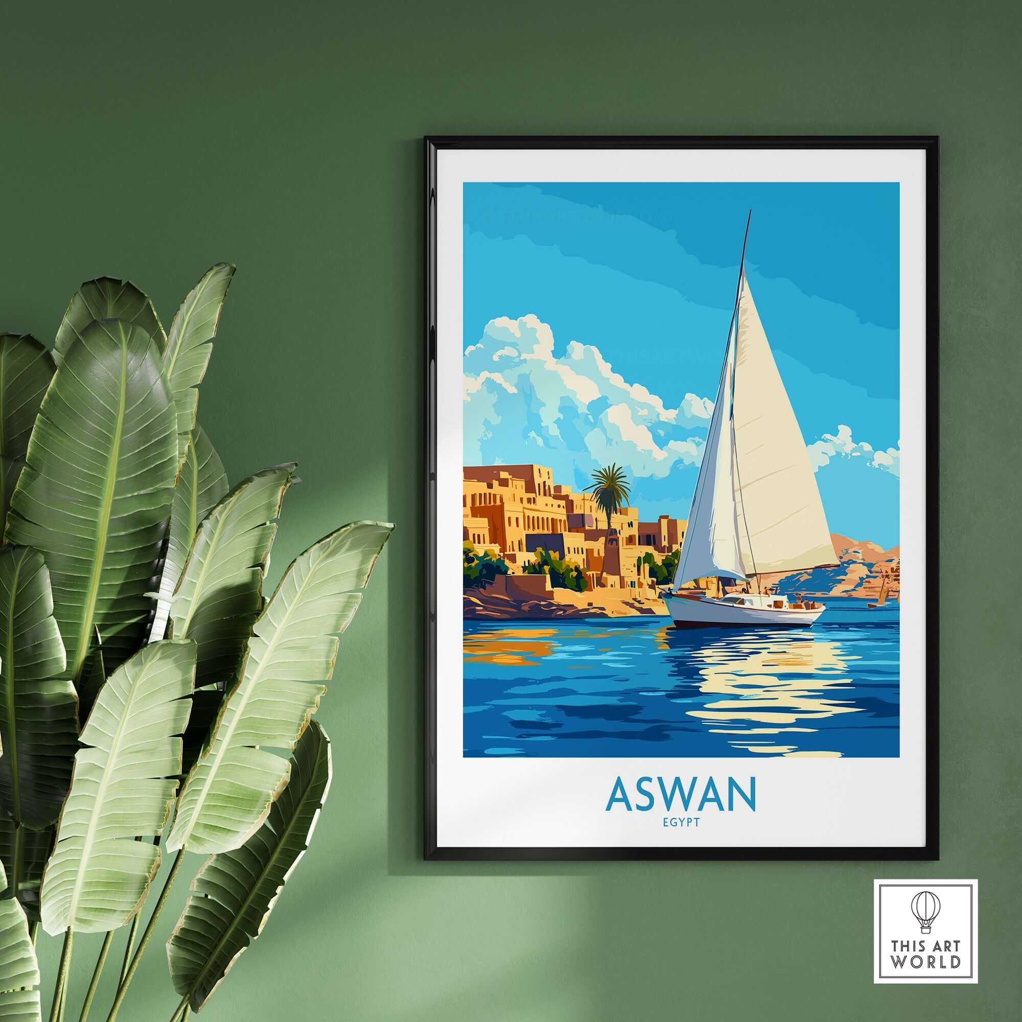 Aswan Wall Art Print showcasing a vibrant sailing scene in Egypt, perfect for home decor.
