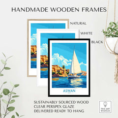 Aswan Wall Art Print displayed in handmade wooden frames in natural, white, and black colors with clear perspex glaze.