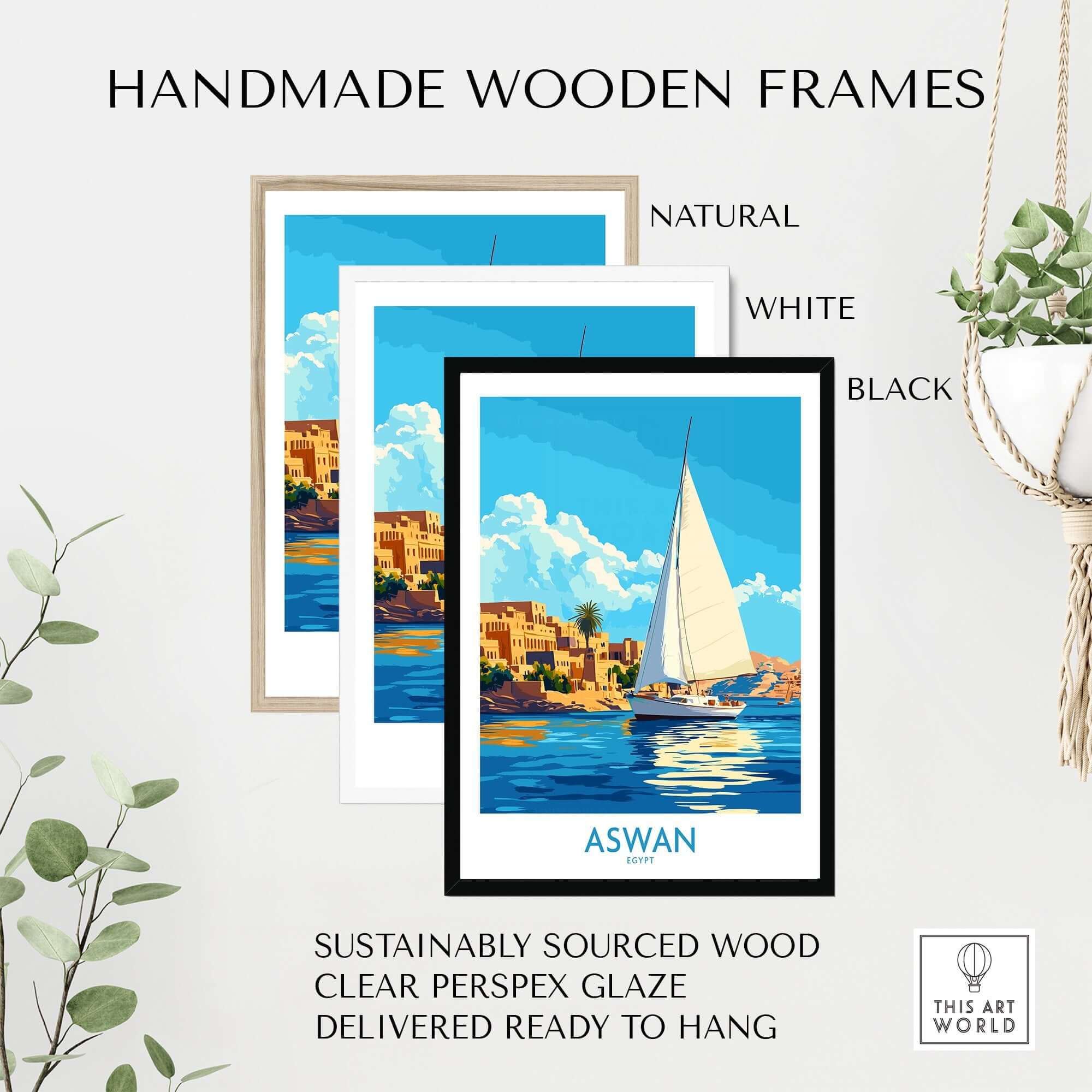 Aswan Wall Art Print displayed in handmade wooden frames in natural, white, and black colors with clear perspex glaze.