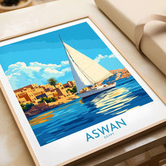 Aswan Wall Art Print featuring a sailboat and vibrant landscape of Aswan, Egypt, perfect for home decor.