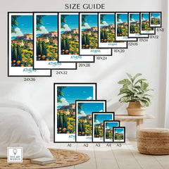Athens Travel Poster size guide showcasing various frame sizes and dimensions in a stylish interior setting.