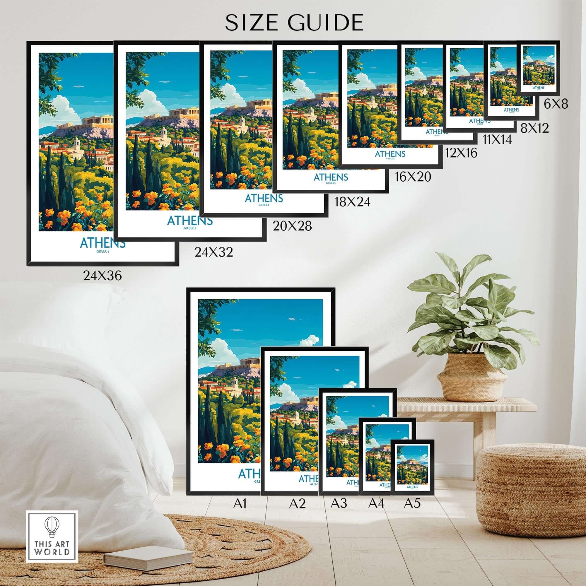 Athens Travel Poster size guide showcasing various frame sizes and dimensions in a stylish interior setting.
