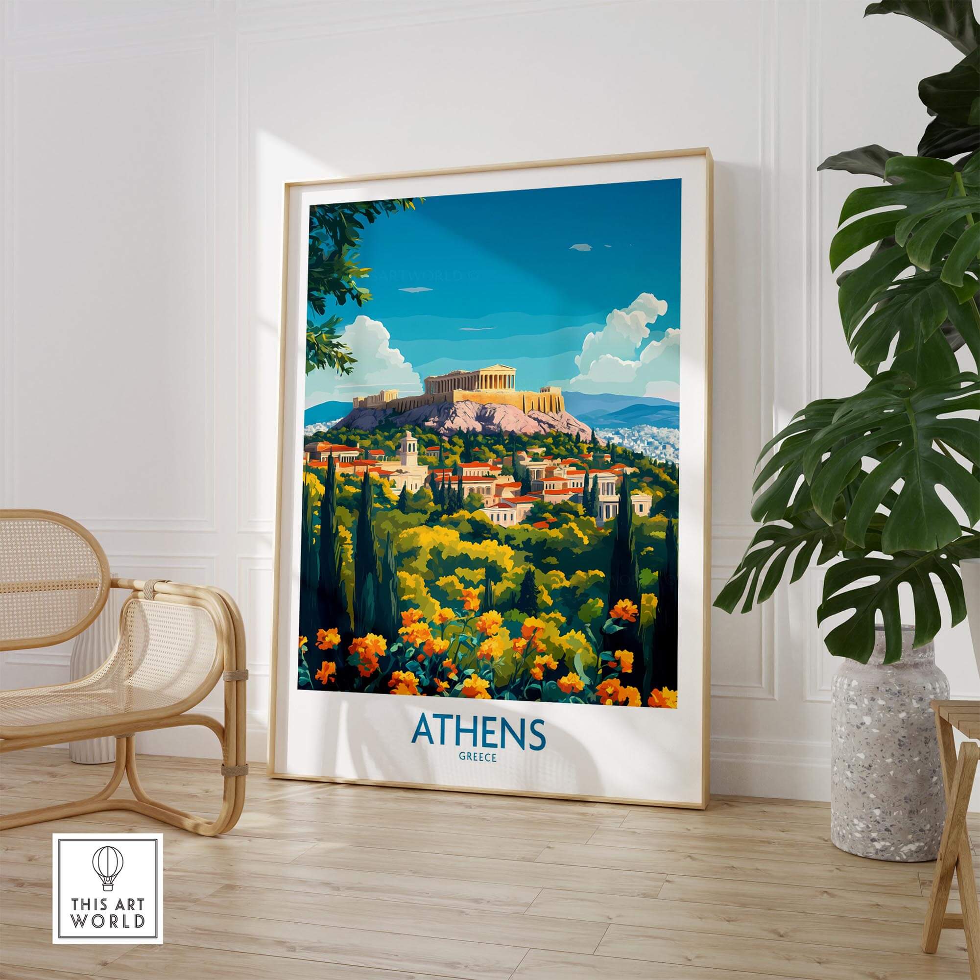 Athens Travel Poster showcasing the vibrant streets and ancient ruins, perfect for home or office decor.
