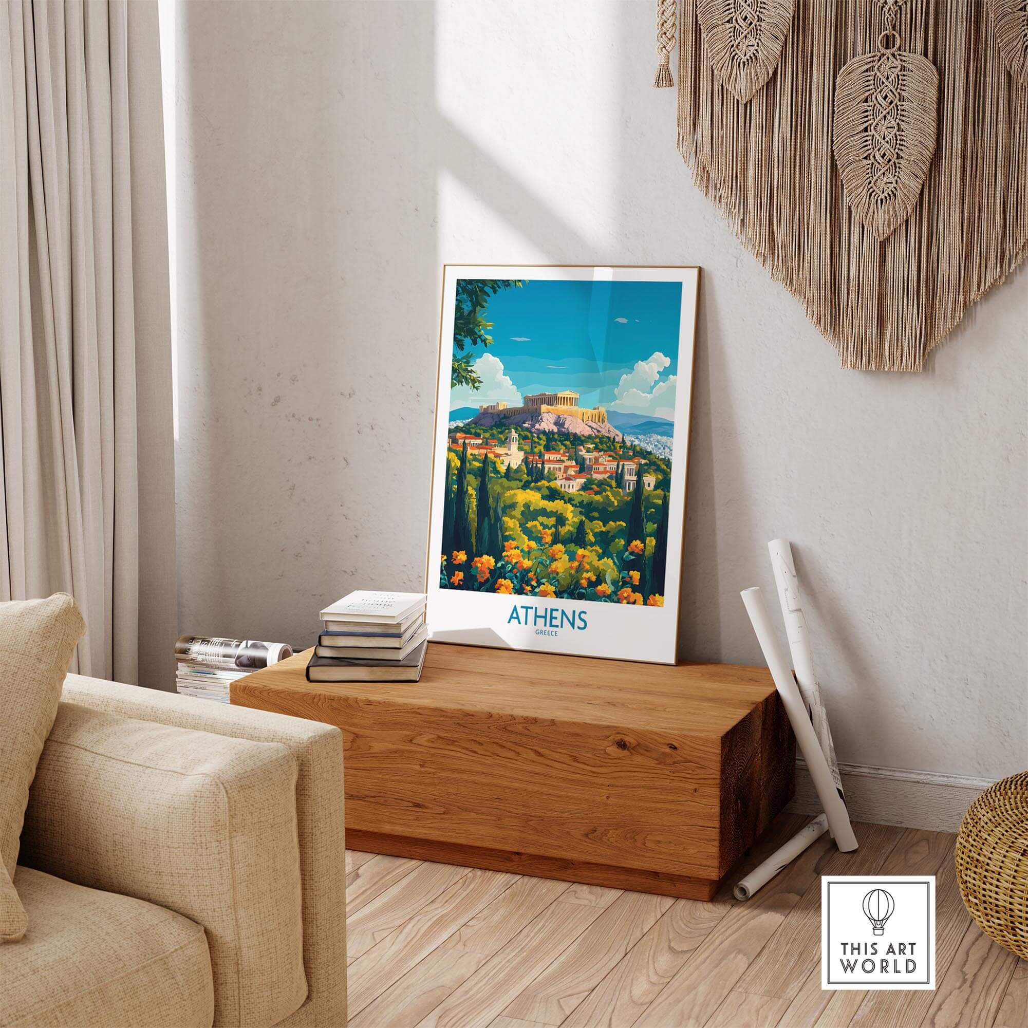 Athens Travel Poster featuring vibrant colors and scenic views of the city displayed in a stylish interior setting.