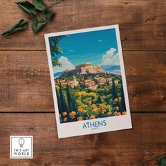 Athens Travel Poster showcasing the vibrant cityscape of Athens, Greece, with ancient ruins and lush greenery.