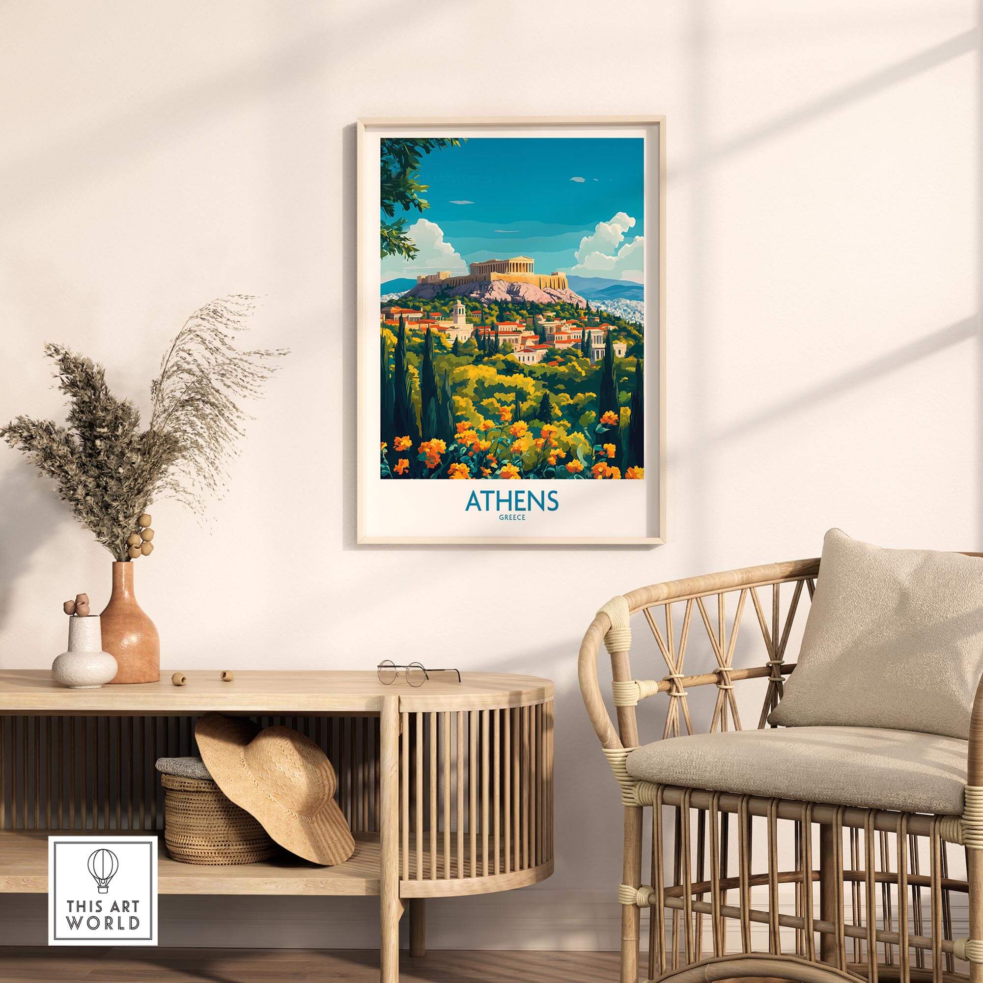 Athens Travel Poster showcasing the beauty of Athens, featuring vibrant colors and ancient landscapes in a home setting.