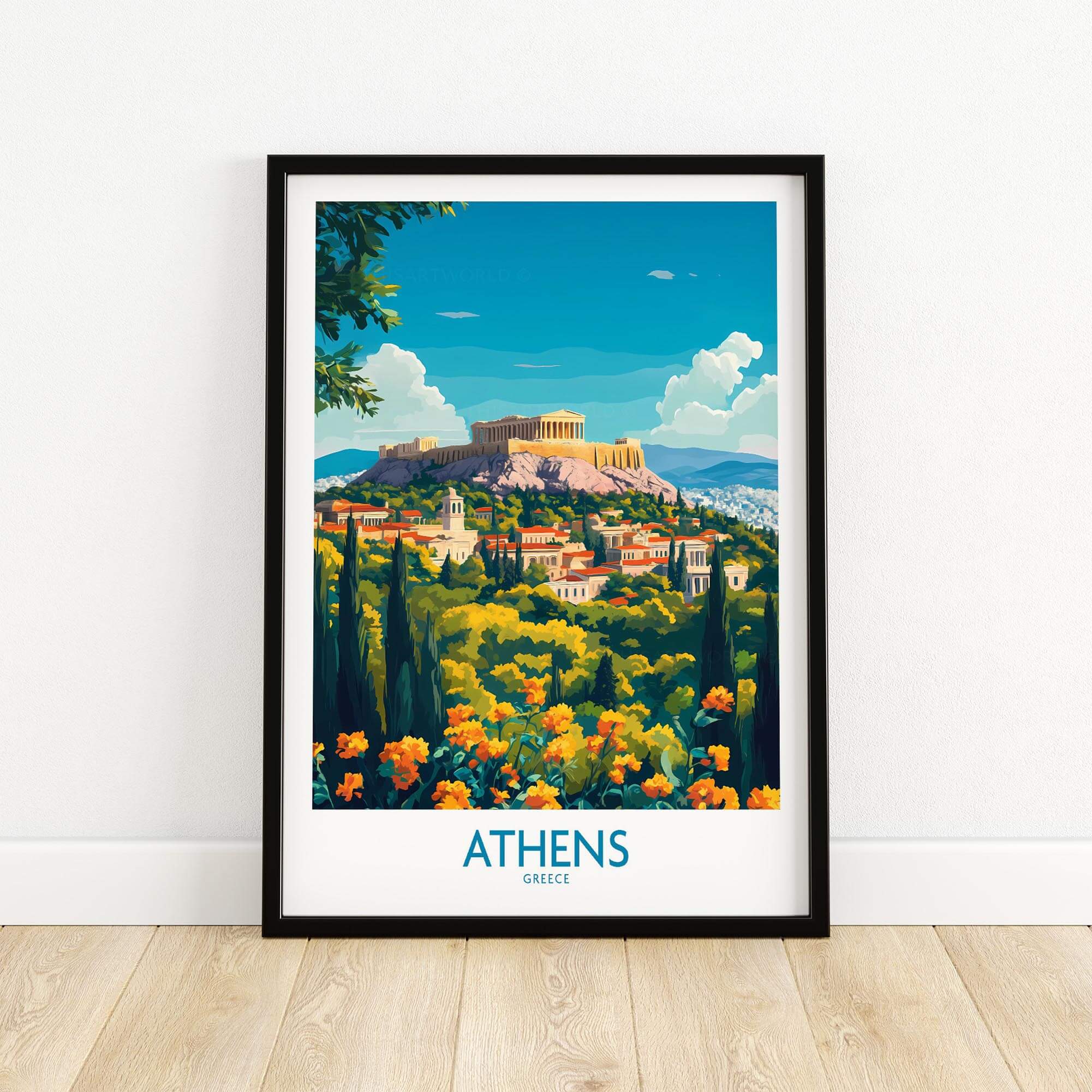 Athens Travel Poster showcasing the Acropolis surrounded by vibrant greenery and flowers, perfect for home decor.