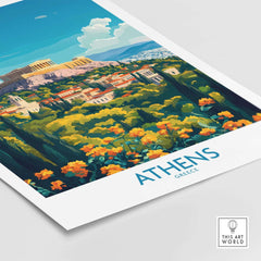 Athens Travel Poster featuring vibrant landscape and ancient ruins of Athens, Greece.