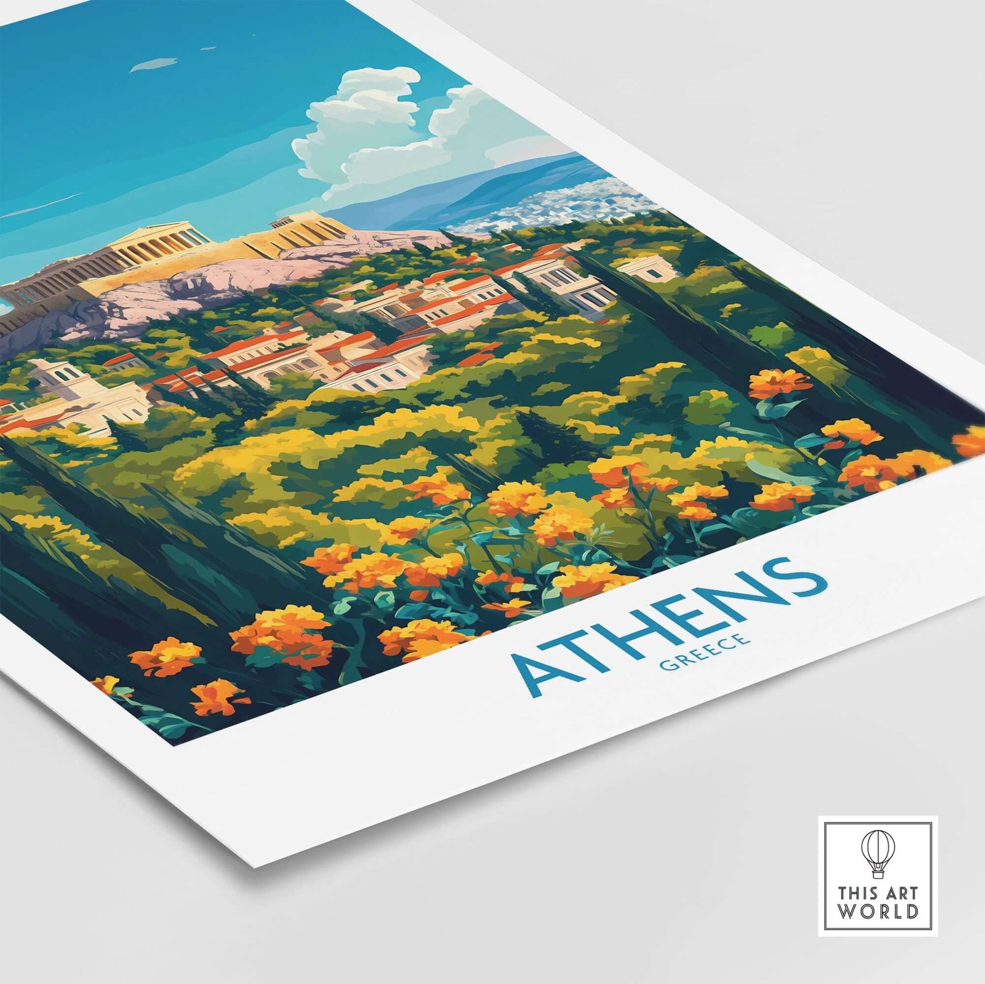 Athens Travel Poster featuring vibrant landscape and ancient ruins of Athens, Greece.
