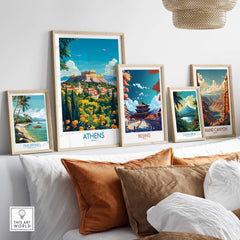Athens Travel Poster displayed among other travel posters in a stylish home setting, showcasing beautiful Greece wall art.