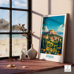 Athens Travel Poster featuring vibrant artwork of Athens' ancient ruins and landscape on display by a window.