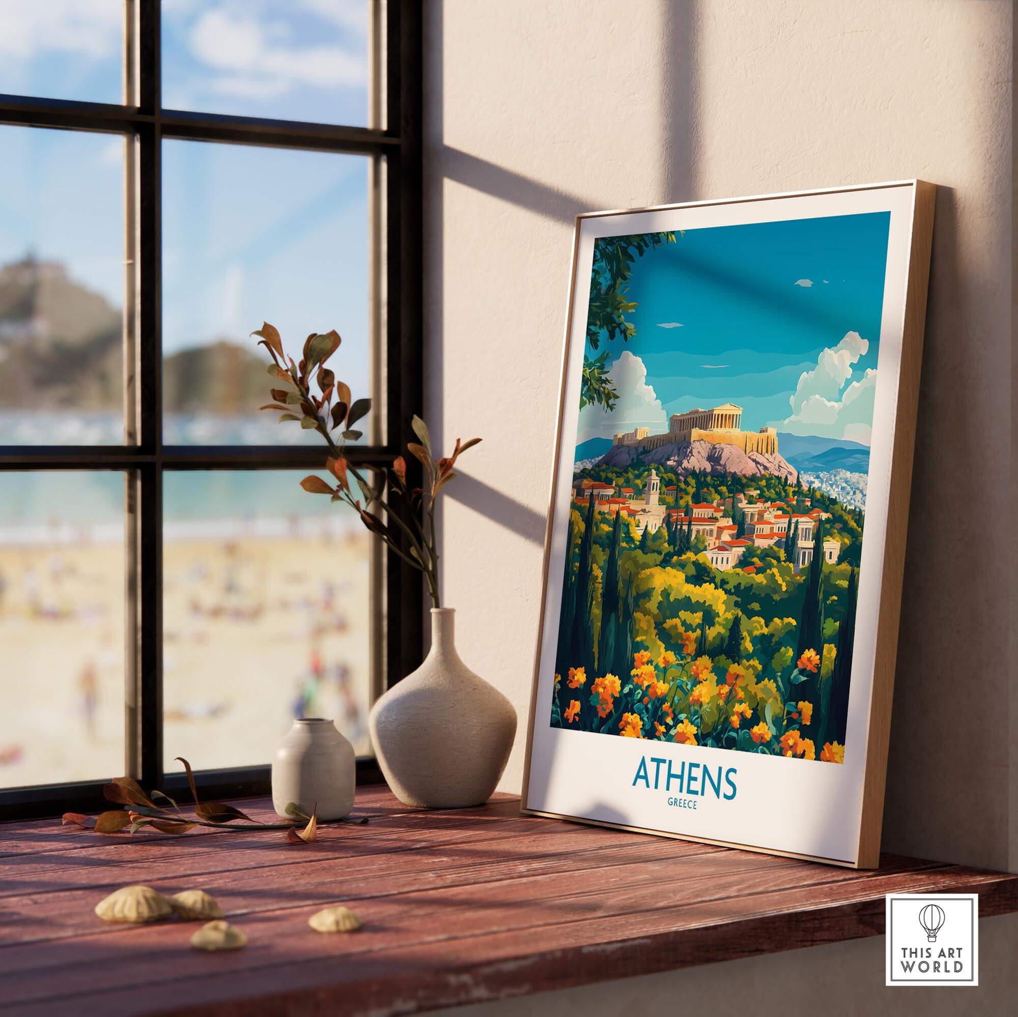 Athens Travel Poster featuring vibrant artwork of Athens' ancient ruins and landscape on display by a window.