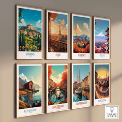 Athens Travel Poster displayed among other city travel posters including Paris, Florence, and Tokyo.