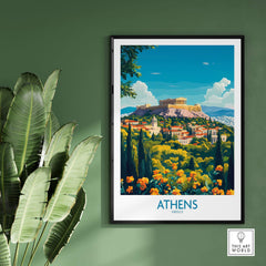 Athens Travel Poster showcasing the Acropolis and vibrant greenery in a stylish frame.