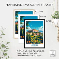 Handmade wooden frames in natural, white, and black for Athens Travel Poster, featuring sustainably sourced wood and ready-to-hang design.